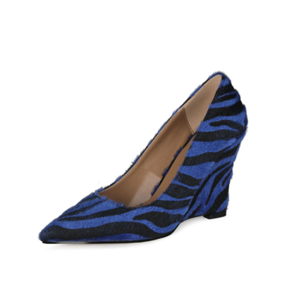 Blaues Kunstpelz-Zebra-gedrucktes Damen-Keilabsatz-Schuh-Kleid-Pumps 4-Zoll-Absätze
